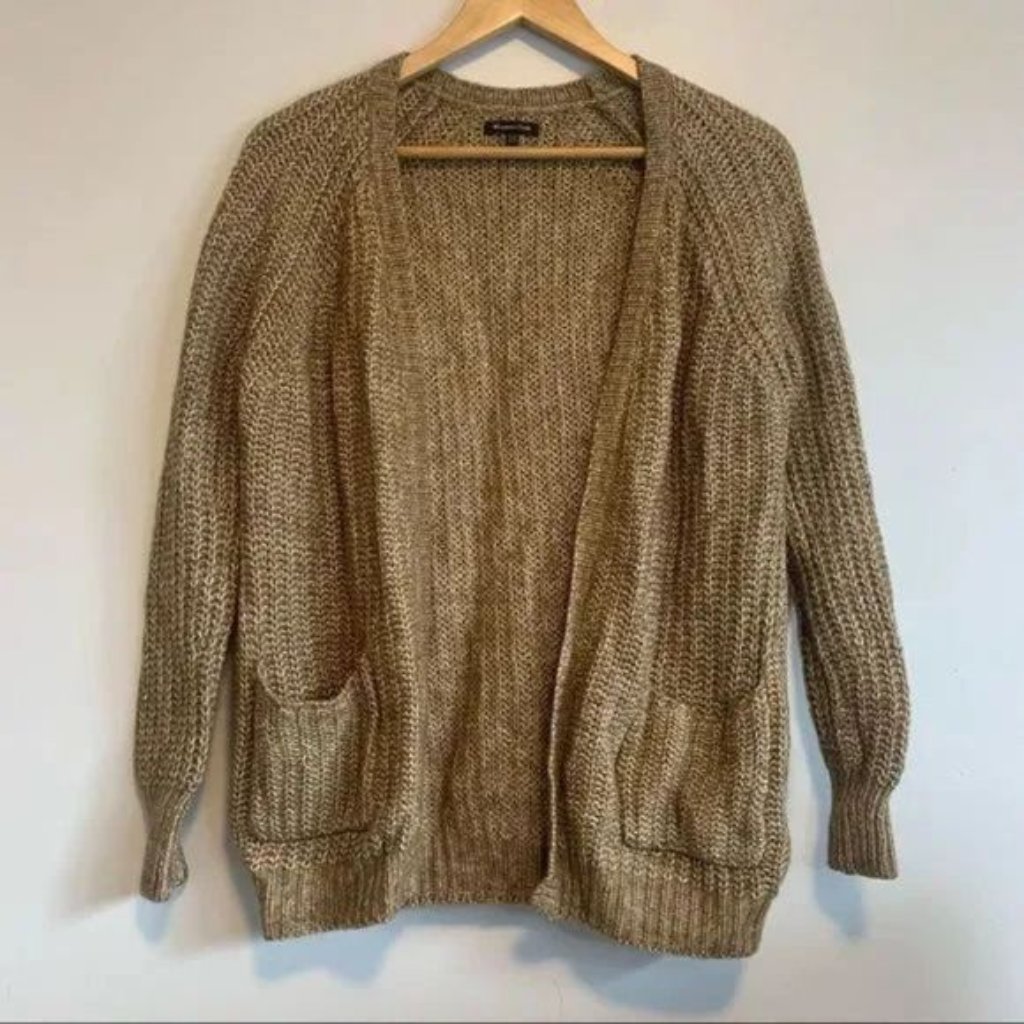 Massimo Dutti Knitted Cardigan Sweater Cotton Wool Blend Neutral Earthy Tone Xs